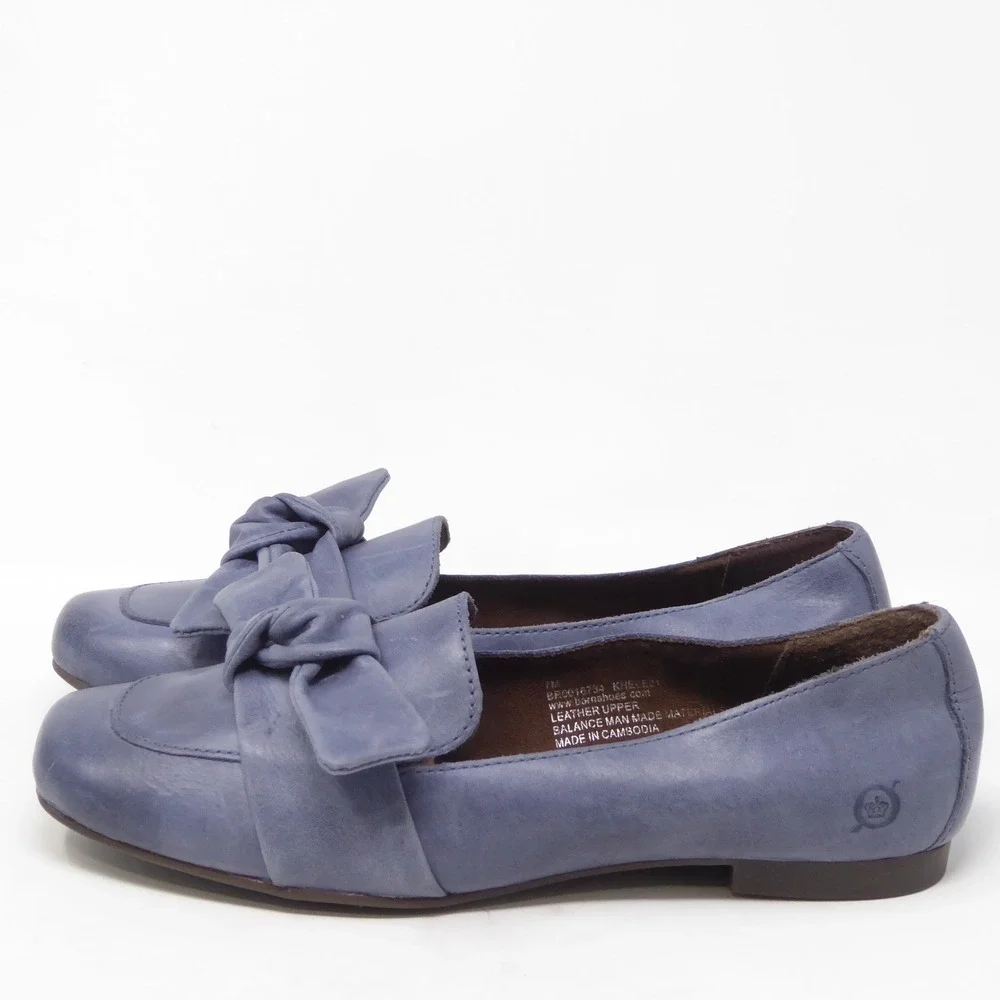 Born Womens Carrine Slip On Loafers Blue Leather Bow Size 7M